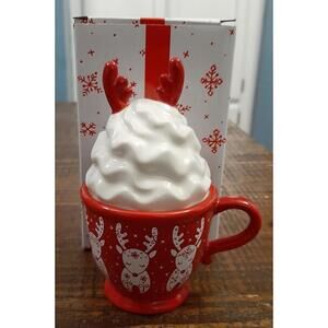 Temptations Christmas Red Reindeer Mug w/ Whipped Cream Salt & Pepper Shakers